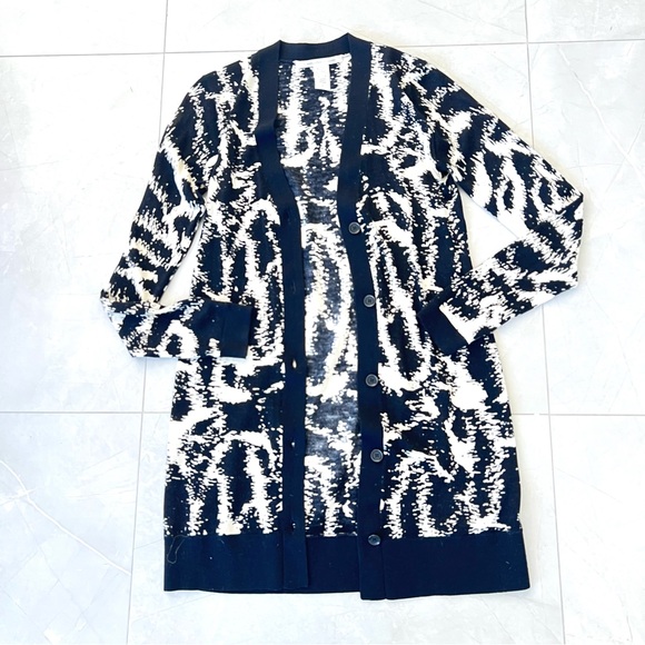 DIANE VON FURSTENBERG Abstract Black Cream Knit Wool Button Long Cardigan Sz S - Picture 11 of 15